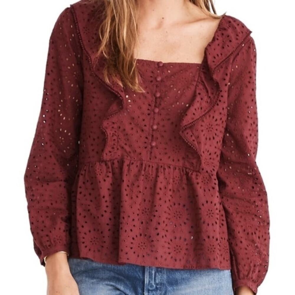 Madewell eyelet pom-pom long sleeve blouse burgundy button ruffle small